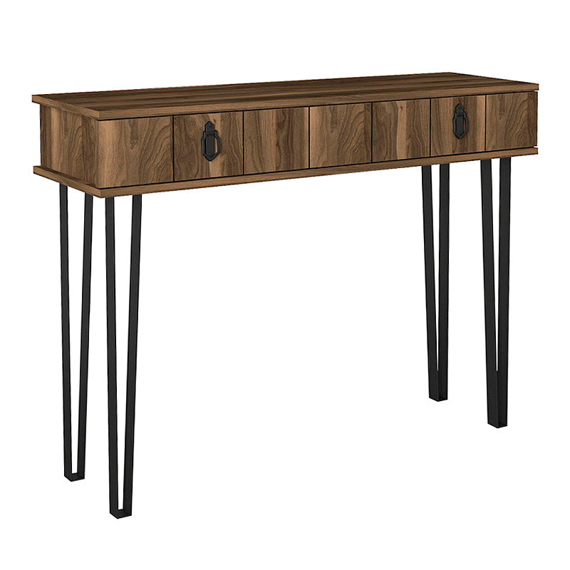 Console Table GARNI in walnut finish, featuring a large drawer and metal legs, ideal for home or office use.